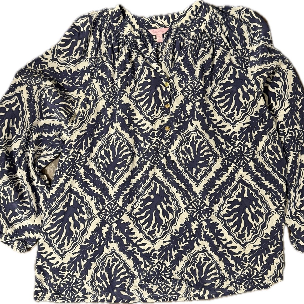 Lilly Pulitzer Silk Elsa Blouse Navy Blue Coral